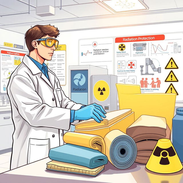 An educational illustration on radiation protection, featuring a detailed lab setting with a focus on safety measures