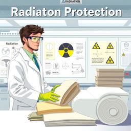 An educational illustration on radiation protection, featuring a detailed lab setting with a focus on safety measures