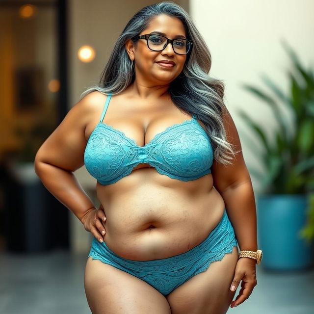 A 55-year-old Indian plus-size woman, embodying the elegance and confidence of a buxom, voluptuous cougar