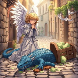 In a captivating anime style, hand-drawn with fantasy elements, an angel with radiant wings kneels down in a sorrowful yet noble pose over a fallen blue draconian knight