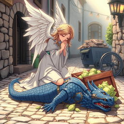 In a captivating anime style, hand-drawn with fantasy elements, an angel with radiant wings kneels down in a sorrowful yet noble pose over a fallen blue draconian knight