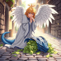 In a captivating anime style, hand-drawn with fantasy elements, an angel with radiant wings kneels down in a sorrowful yet noble pose over a fallen blue draconian knight