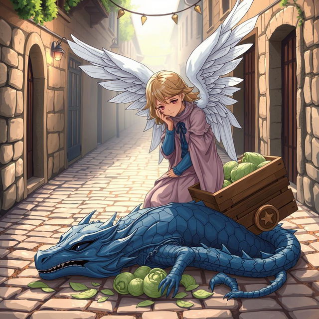 In a captivating anime style, hand-drawn with fantasy elements, an angel with radiant wings kneels down in a sorrowful yet noble pose over a fallen blue draconian knight