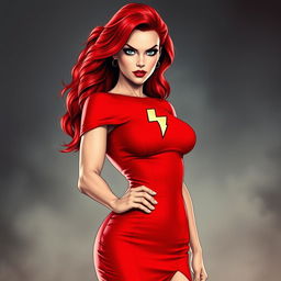 A striking superheroine with vibrant red hair, wearing a bold red dress featuring eye-catching lightning bolt insignias accentuating her medium-small breasts