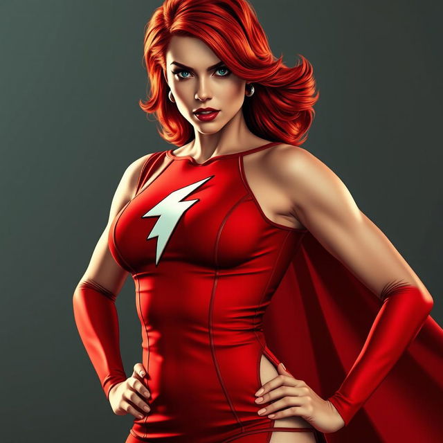 A striking superheroine with vibrant red hair, wearing a bold red dress featuring eye-catching lightning bolt insignias accentuating her medium-small breasts