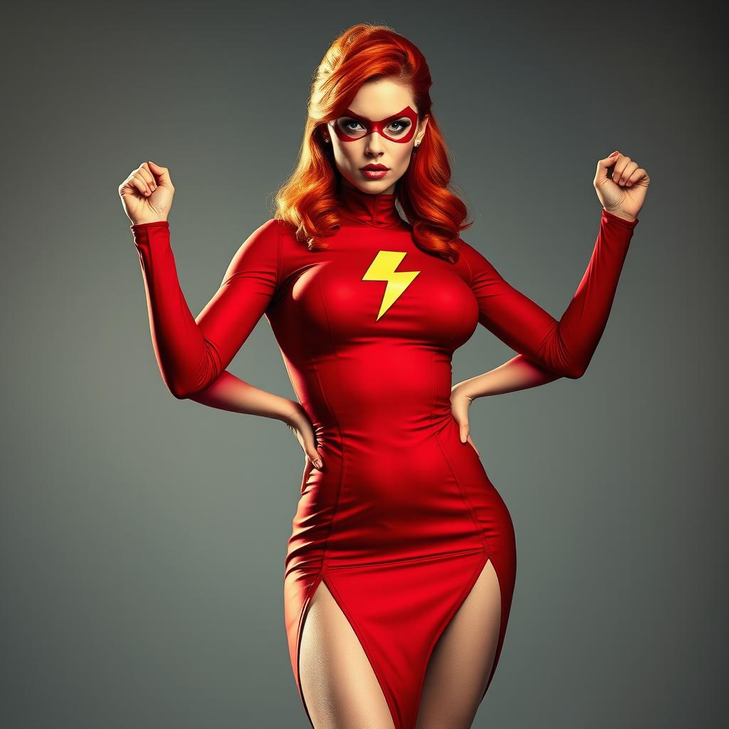 A striking superheroine with vibrant red hair, wearing a bold red dress featuring eye-catching lightning bolt insignias accentuating her medium-small breasts