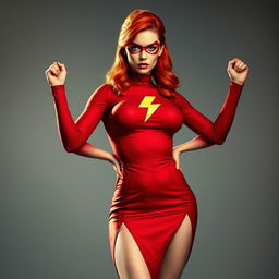 A striking superheroine with vibrant red hair, wearing a bold red dress featuring eye-catching lightning bolt insignias accentuating her medium-small breasts