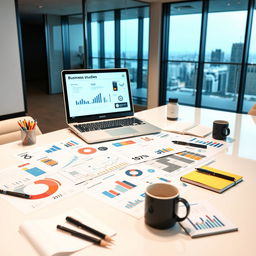 A business studies project presentation displayed on a sleek, modern office desk