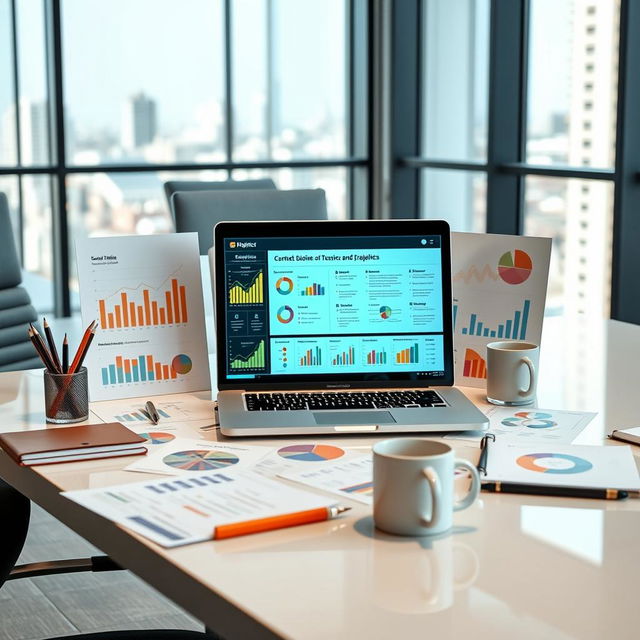 A business studies project presentation displayed on a sleek, modern office desk