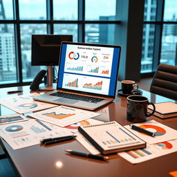 A business studies project presentation displayed on a sleek, modern office desk