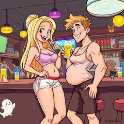 A lively cartoon-style illustration featuring a beautiful, sexy, curvy blonde girl with an innocent charm