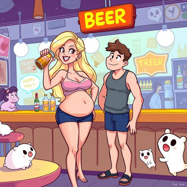 A lively cartoon-style illustration featuring a beautiful, sexy, curvy blonde girl with an innocent charm