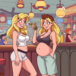 A lively cartoon-style illustration featuring a beautiful, sexy, curvy blonde girl with an innocent charm