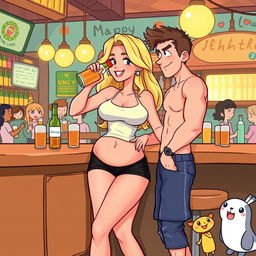 A lively cartoon-style illustration featuring a beautiful, sexy, curvy blonde girl with an innocent charm
