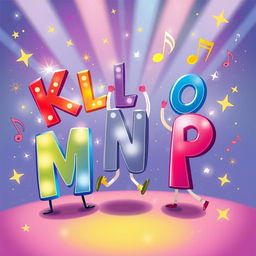 A whimsical, colorful illustration featuring the letters of the alphabet in a playful dance