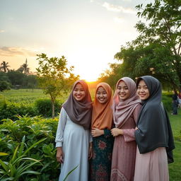 A beautiful morning landscape with soft golden sunlight breaking through the horizon, as the sound of Takbir echoes gently in the background