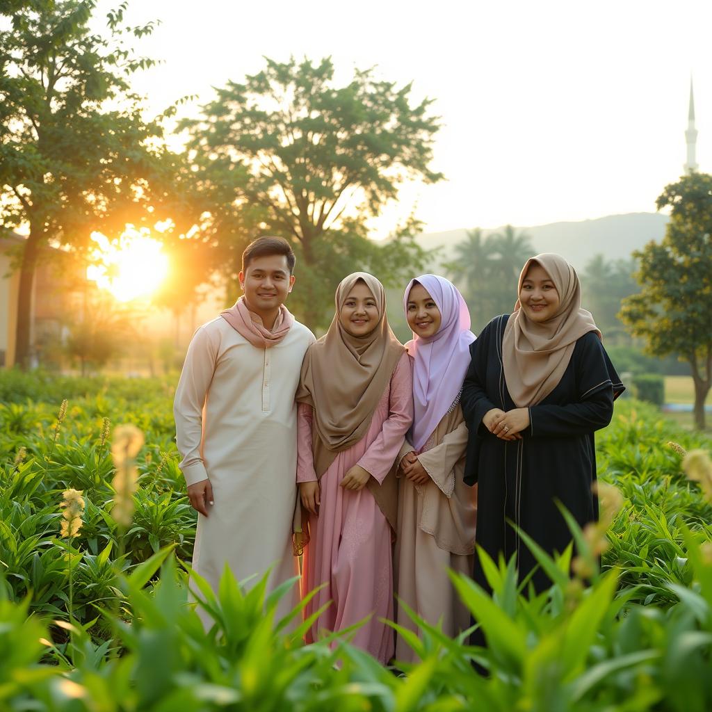 A beautiful morning landscape with soft golden sunlight breaking through the horizon, as the sound of Takbir echoes gently in the background