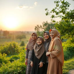 A beautiful morning landscape with soft golden sunlight breaking through the horizon, as the sound of Takbir echoes gently in the background