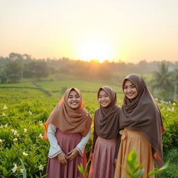 A beautiful morning landscape with soft golden sunlight breaking through the horizon, as the sound of Takbir echoes gently in the background