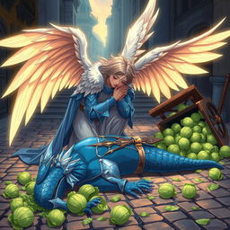In a stunning anime style, hand-drawn with fantasy elements inspired by Dungeons and Dragons, an angel with expansive, luminous wings kneels in a compassionate pose over a fallen blue dragonborn knight