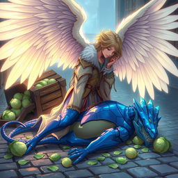 In a stunning anime style, hand-drawn with fantasy elements inspired by Dungeons and Dragons, an angel with expansive, luminous wings kneels in a compassionate pose over a fallen blue dragonborn knight