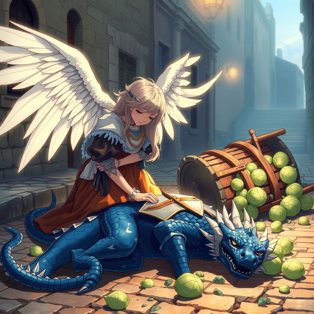 In a stunning anime style, hand-drawn with fantasy elements inspired by Dungeons and Dragons, an angel with expansive, luminous wings kneels in a compassionate pose over a fallen blue dragonborn knight