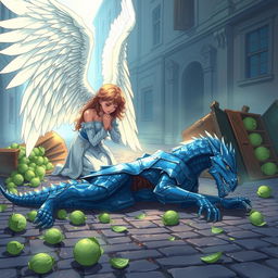 In a stunning anime style, hand-drawn with fantasy elements inspired by Dungeons and Dragons, an angel with expansive, luminous wings kneels in a compassionate pose over a fallen blue dragonborn knight