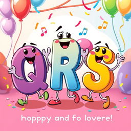A colorful, playful illustration featuring the letters 'Q', 'R', and 'S' as cheerful characters, anthropomorphized and dancing joyfully