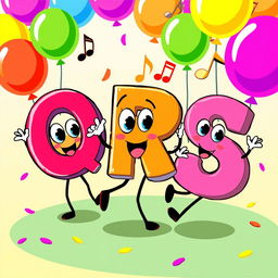 A colorful, playful illustration featuring the letters 'Q', 'R', and 'S' as cheerful characters, anthropomorphized and dancing joyfully