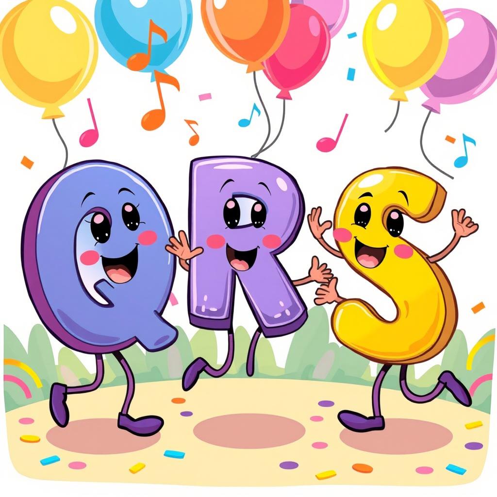 A colorful, playful illustration featuring the letters 'Q', 'R', and 'S' as cheerful characters, anthropomorphized and dancing joyfully