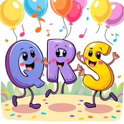 A colorful, playful illustration featuring the letters 'Q', 'R', and 'S' as cheerful characters, anthropomorphized and dancing joyfully