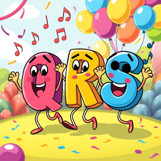 A colorful, playful illustration featuring the letters 'Q', 'R', and 'S' as cheerful characters, anthropomorphized and dancing joyfully