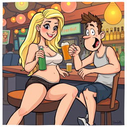 A humorous cartoon-style illustration of a beautiful, sexy, curvy blonde girl with an innocent demeanor