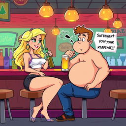 A humorous cartoon-style illustration of a beautiful, sexy, curvy blonde girl with an innocent demeanor