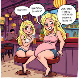 A humorous cartoon-style illustration of a beautiful, sexy, curvy blonde girl with an innocent demeanor