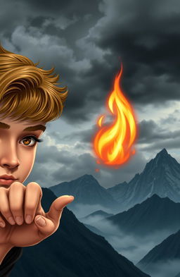 A 17-year-old boy with golden brown hair, round big eyes, small lips, a defined jawline, and a pointy nose