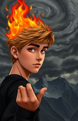 A 17-year-old boy with golden brown hair, round big eyes, small lips, a defined jawline, and a pointy nose