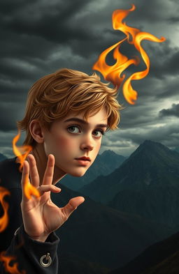 A 17-year-old boy with golden brown hair, round big eyes, small lips, a defined jawline, and a pointy nose