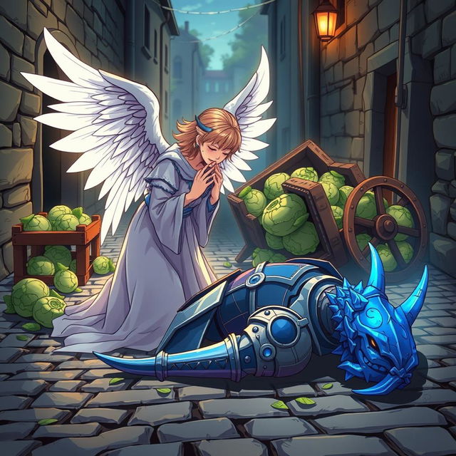 In a striking anime style, hand-drawn with fantastical elements inspired by Dungeons and Dragons, an angel with radiant wings kneels solemnly over a fallen blue-dragon-headed knight in a cobblestone street