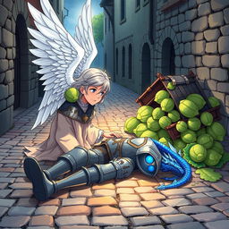 In a striking anime style, hand-drawn with fantastical elements inspired by Dungeons and Dragons, an angel with radiant wings kneels solemnly over a fallen blue-dragon-headed knight in a cobblestone street