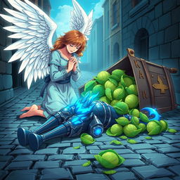 In a striking anime style, hand-drawn with fantastical elements inspired by Dungeons and Dragons, an angel with radiant wings kneels solemnly over a fallen blue-dragon-headed knight in a cobblestone street