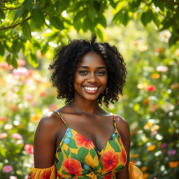 A beautiful 22-year-old Black woman with curly hair, exuding confidence and elegance