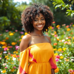 A beautiful 22-year-old Black woman with curly hair, exuding confidence and elegance