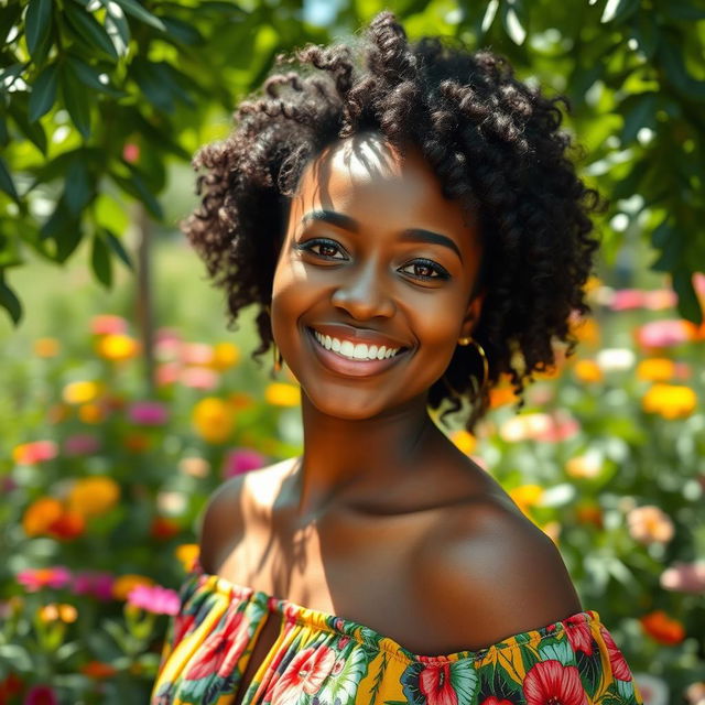 A beautiful 22-year-old Black woman with curly hair, exuding confidence and elegance