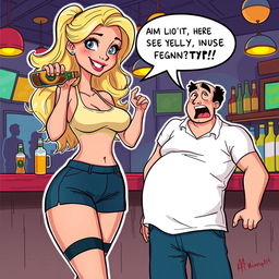 A humorous cartoon-style illustration depicting a beautiful, sexy, curvy blonde girl with an innocent look