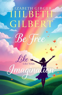 A whimsical and colorful book cover design for an Elizabeth Gilbert novel, featuring an ethereal landscape that symbolizes freedom and imagination