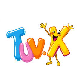 Colorful letters T, U, V, and W, X, vividly illustrated and animated, showcasing T, U, V wiggling like jello in a playful manner, while W, X yodels like a joyful yellow fellow, with expressive faces and cartoonish features, in a fun and whimsical scene full of vibrant colors and dynamic movement