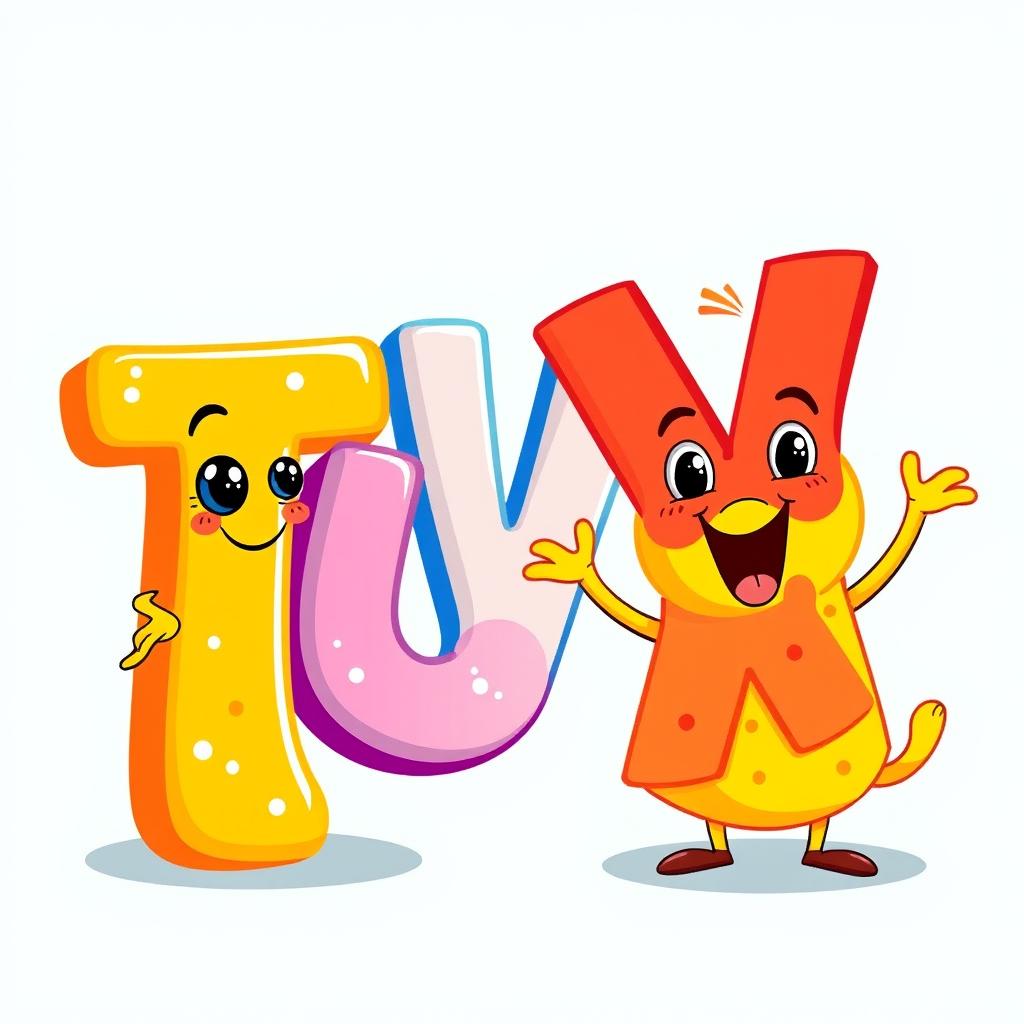 Colorful letters T, U, V, and W, X, vividly illustrated and animated, showcasing T, U, V wiggling like jello in a playful manner, while W, X yodels like a joyful yellow fellow, with expressive faces and cartoonish features, in a fun and whimsical scene full of vibrant colors and dynamic movement