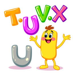 Colorful letters T, U, V, and W, X, vividly illustrated and animated, showcasing T, U, V wiggling like jello in a playful manner, while W, X yodels like a joyful yellow fellow, with expressive faces and cartoonish features, in a fun and whimsical scene full of vibrant colors and dynamic movement