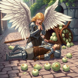 In a beautifully crafted anime style, hand-drawn with rich fantasy elements, an angel with magnificent wings kneels gracefully over a fallen knight in a cobblestone street
